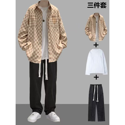 Traje de camisa a cuadros de manga larga de primavera y otoño VZVG para niños Hong Kong estilo guapo con jeans modernos de tres piezas SET A [3 piezas] 684 Camisa Caki + Long T + 5080 3xl