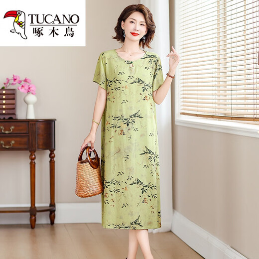 Woodpecker's new style of cotton silk dress for middle-aged mothers in summer, middle-aged and elderly high-end fashionable rich wife artificial cotton skirt No. 4 color 719# XL Recommended 90-110Jin [Jin equals 0.5 kg]