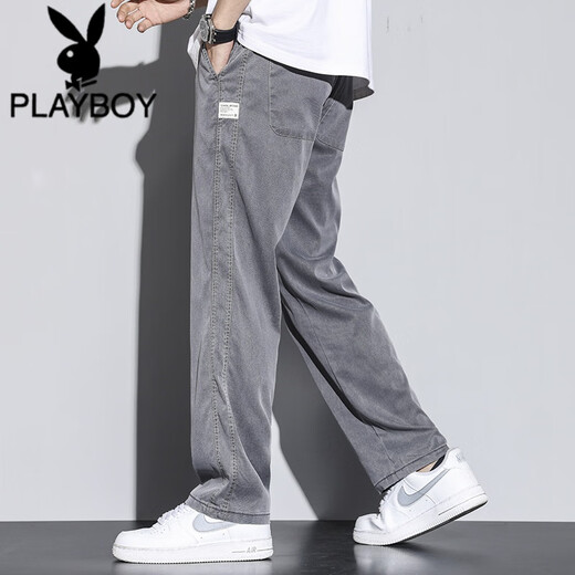 花花公子（PLAYBOY）春秋季天丝质裤子男直筒宽松拖地潮牌阔腿裤秋天薄款休闲长裤男生 1048浅蓝色【1条装】 4XL 码
