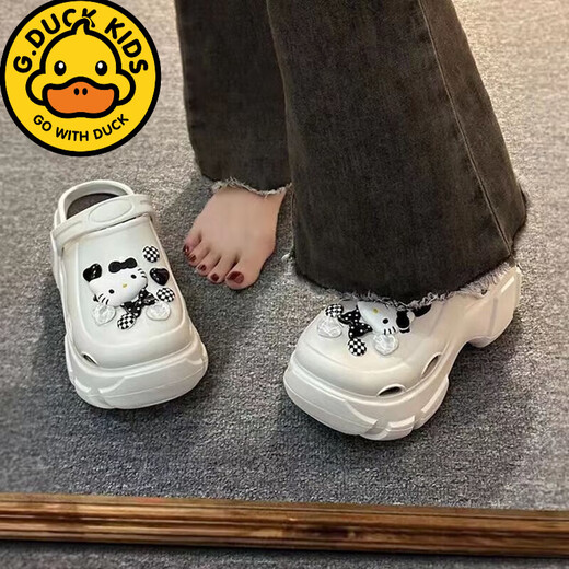 G·DUCK KIDS儿童拖鞋夏季新款厚底洞洞鞋女凯蒂猫增高防滑软底包头拖鞋 白色+粉蝴蝶结猫[厚底7.0]EVA 36 -37[适合35-36]