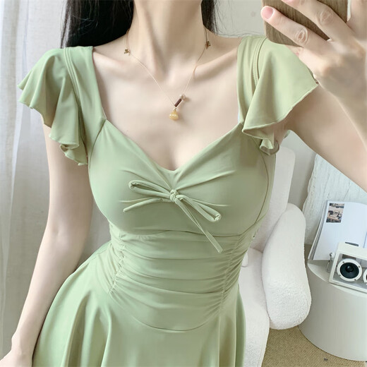 Shiguangli swimsuit women's 2025 new one-piece conservative skirt avocado green student high-end belly-covering slimming hot spring swimsuit green one size fits all recommended 80-115 Jin Jin equals 0.5 kg