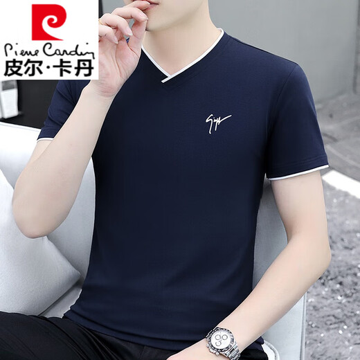 
Pierre cardin summer men's short-sleeved T-shirt v-neck pure cotton half-sleeved chicken heart neck T-shirt trendy slim body thin men's clothing black YD7029 M