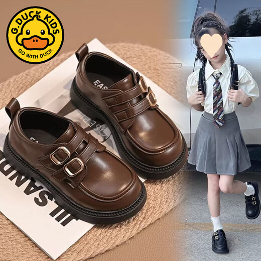G.duck Girls' Small Leather Shoes Spring and Autumn Black Children's Performance Shoes Soft Sole British Style Student Princess Loafers for Middle and Large Children 929 Brown 34 Inner Length 20.8cm