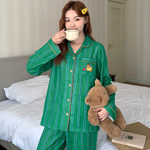 Miandao couple pajamas spring and summer pure cotton gauze long-sleeved suit simple striped men and women can wear outside home clothes yellow strip (women's style) L