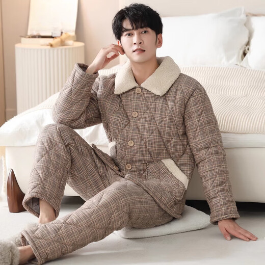 莫代尔睡衣男士冬季三层加厚加绒纯棉夹棉秋冬保暖冬天家居服套装 3886 XL (175码)建议穿着体重140-160