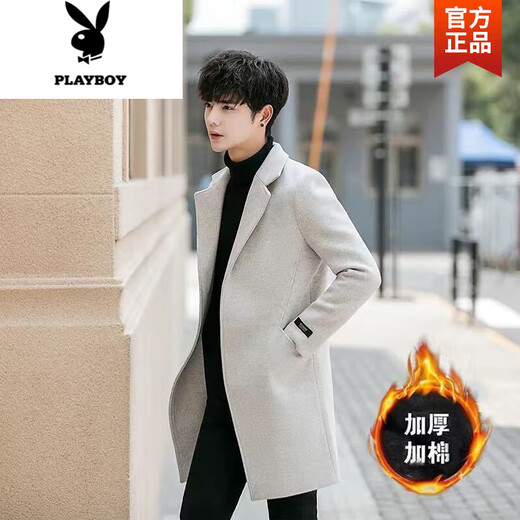 Playboy (PLAYBOY) windbreaker men's autumn and winter new Korean style trendy woolen windbreaker men's mid-length cotton thickened woolen jacket men 617 black L 110-120Jin Jin equals 0.5 kg