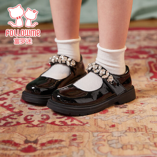 Fuluo Mi Girls' Leather Shoes Spring and Autumn Fashionable Rhinestone Princess Shoes Children's Performance Shoes Black 34