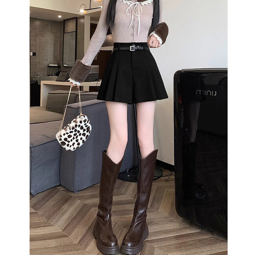Hao'e black pleated woolen shorts for women in spring and autumn, versatile boot pants, high waisted, a-line, wide-leg casual pants, slimming, black without belt, L recommended 110-120 Jin Jin equals 0.5 kg