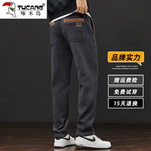 Woodpecker Casual Pants Men's Autumn and Winter Style Fashion Versatile Velvet Straight Pants Men's Slim Loose Pants Autumn and Winter Men's Casual Pants 261 Gray Regular XL Recommended 120-150Jin Jin equals 0.5 kg
