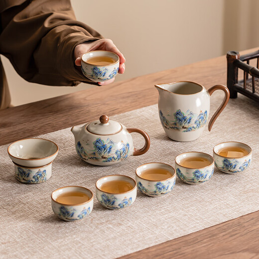 Porcelain brand tea set Ru kiln Qianli Jiangshan Kung Fu tea set with openable slices porcelain Xishi pot Festival housewarming gifts for elders