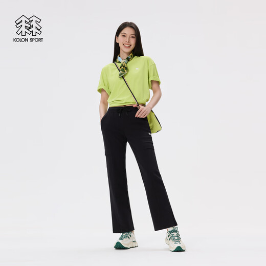 KOLON SPORT/可隆阔腿针织裤 女子混纺直筒松紧腰户外露营徒步工装休闲裤 LKLP5MT718-BK 黑色 M 165/74A