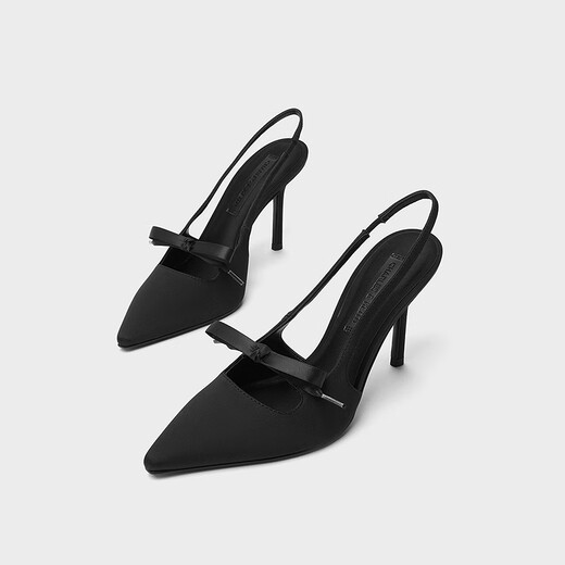 CHARLES&KEITH缎面蝴蝶结尖头高跟凉鞋女CK1-60361556 BLACK TEXTURED黑色纹理 34