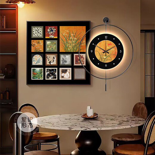 2025 new restaurant high-end decorative paintings light luxury and atmospheric medieval style Bailian LED light with clock wall K12806+PB57 70*70cm painting + 60*60cm wall clock with pendulum f
