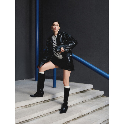 ELLE French modern short leather jacket for women 2025 spring new fashionable PU leather design chic top black L