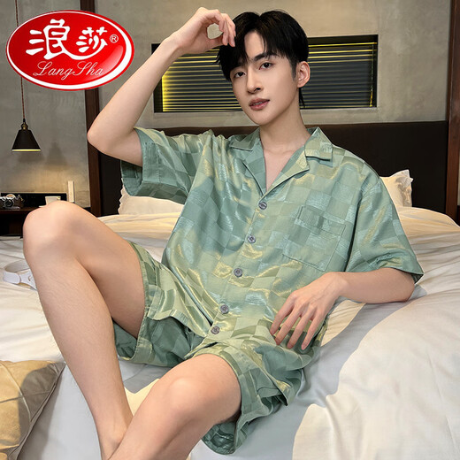 Langsha 2025 Herren-Pyjamas Eis/Seidenshorts Shorts Mode Cardigan Rohseide Home Cloding Set Ice Seide Herren G844 L (Vorgeschlagene Größe 170, Gewicht 100-1