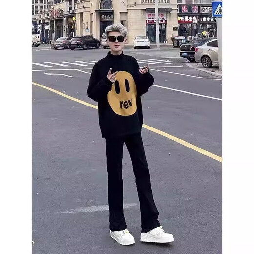 POUM弯刀微喇牛仔裤男夏季复古深蓝直筒高个子美式裤子显瘦显腿长窄版 DF-701黑色 L