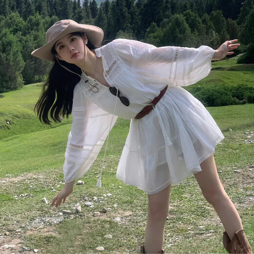 槿城法式白色长袖连衣裙子女早春2025新款小个子西北新疆旅游度假短裙 白色 S547W XL 【60/65kg】