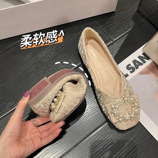 意尔康王子特价捡漏法式单鞋女平底鞋春季方头浅口仙女瓢鞋软底豆豆鞋 【厂家24H速发】米色 36