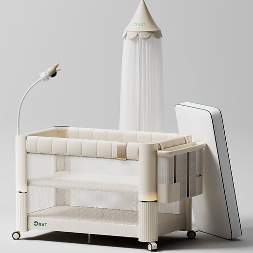 Cool Douding Deep Sleeping Crib pliant épissage grand lit pour bébé lit nouveau-né pour bébé lit intelligent lit bébé lit + moustique net + panier de rangement + matelas en fibre + appareil photo