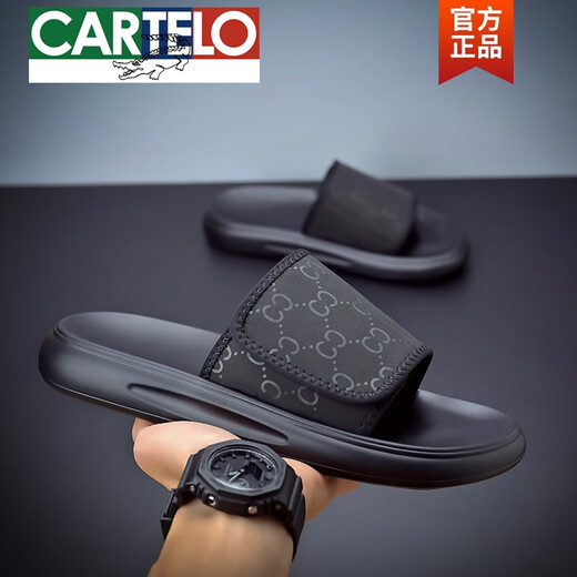 卡帝乐鳄鱼（CARTELO）拖鞋男夏季2025新款时尚百搭软底沙滩鞋男士外穿防水防臭一字拖鞋 黑色6189 38