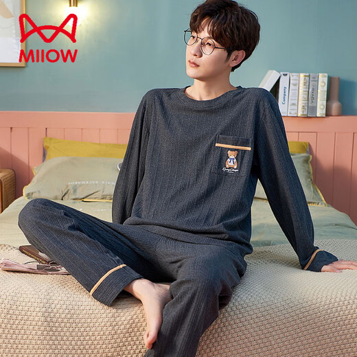 Catman Miiow Pyjamas Herren Frühling und Herbst reines Baumwoll-Langarm-Zwei-Teil-Set großer Größe Lose Teenager Herren-Baumwoll-Freizeitkleidung für Männer Langschlärm QM1584 XL [geeignet für 125-150jin [Jin gleich 0,5 kg]]