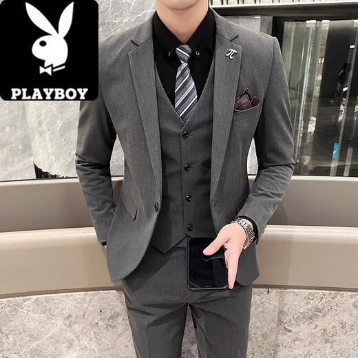 Playboy (PLAYBOY) men's suit suit Korean version slim fit groom wedding formal dress casual British iron-free suit jacket 1818 light gray suit + pants + vest XL recommended 120-135 Jin Jin equals 0.5 kg