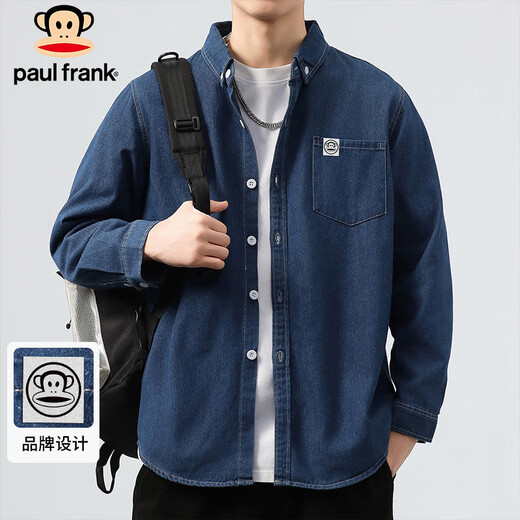 Paul Frank long-sleeved shirt men's spring and autumn casual denim shirt men's jacket men's trendy top men's dark blue XL