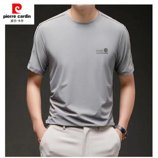 Pierre cardin 2025 summer new short-sleeved men's trendy round neck print middle-aged and young casual tops men's fashion T-shirt men 723-1 gray-green 3XL Recommended 165-180Jin [Jin equals 0.5 kg]