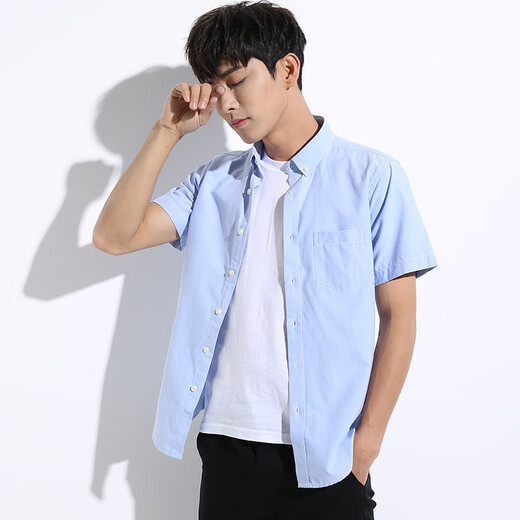 Puya Huaxia Oxford Spinning Herren Short Sleeve Shirt Business Casual Koreanischer Stil mittlerer und junger schlanker weißer Zentimeter-Hemd-Kleidung Student Dizhu* Mote Short Sleeve* Blue 9909 M 38 (165)