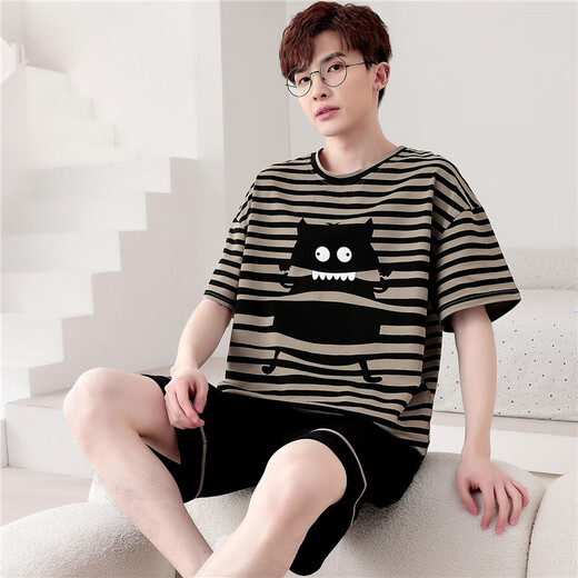 Langsha Pyjamas Herren Sommer Baumwolle kurzärmelige Shorts Thin Teenager Herren Hauskleidung Sommer Großgröße kann außerhalb von WB1355 m Standard empfohlener Größe 168-175 Gewicht 120-1 getragen werden