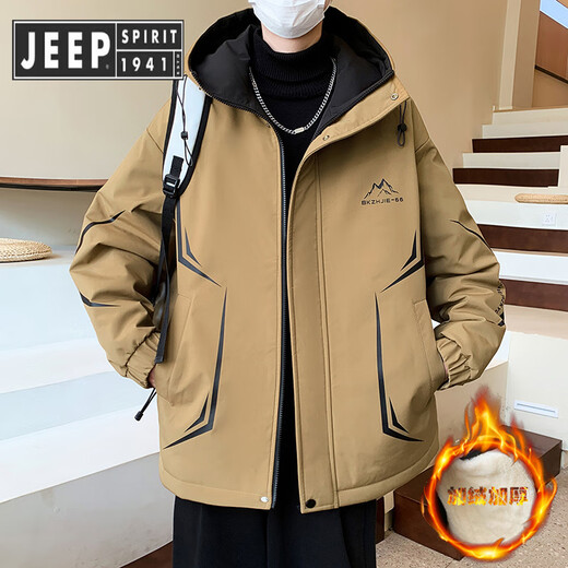 JEEP SPIRIT吉普秋冬季初中高中学生加绒夹克男青少年帅气上衣棉服加厚外套冲 黑色  719 130-145斤左右 2XL