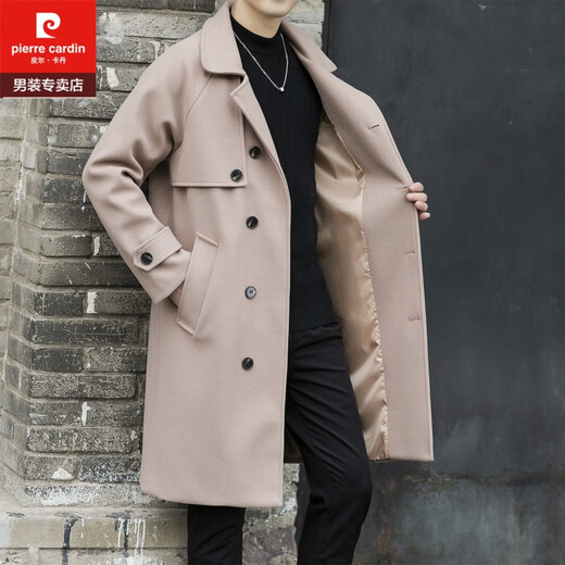 Pierre Cardin Autumn and Winter Korean Maillard Woolen Coat Men's Mid-Length Windbreaker Youth Thick Woolen Coat Brown XL
