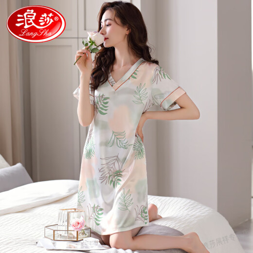 浪莎（LangSha）新款睡裙女夏季冰丝短袖中裙睡衣薄款夏天女款仿真绸缎夏款连衣裙 奶茶杏M9926 【短 袖/无胸垫】 M 160