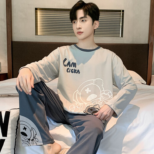 Langsha spring and autumn pajamas men's full cotton long sleeve trousers new pure cotton round neck young students can wear home clothes sets outside