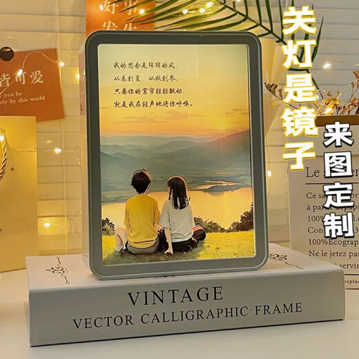 MPPMCK light painting can be customized with pictures, birthday gifts for girls, creative ornaments for girlfriends, best friends and classmates, night light mirror, never sleeps (wood grain frame), plug-in version, ordinary packaging