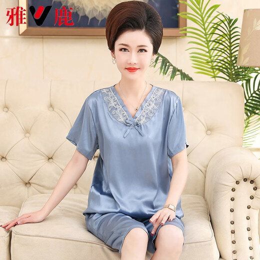 Yalu Middle-aged Mother Thin Summer Middle-aged Women's Ice-Sensing Real Silk Short-Sleeved Pajamas Women's Home Clothing Set 688 Bean Paste (Cross Sleeve Trousers) L [80-Jin[Jin is Equal to 0.5 kg]]