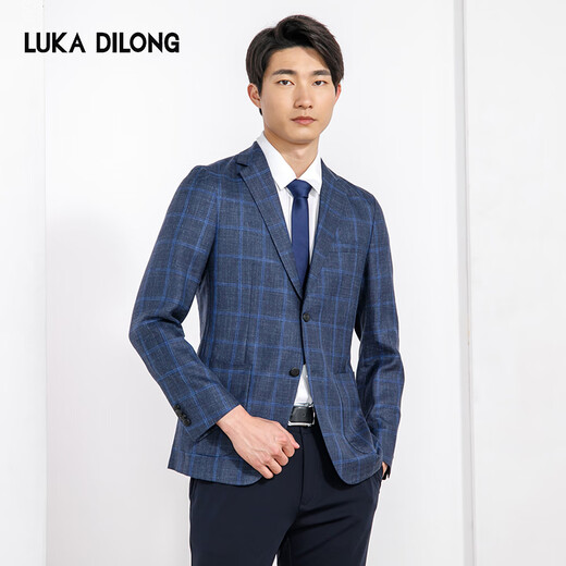 路卡迪龙【桑蚕丝+羊毛】轻奢时尚单西服正装休闲通勤男士商务西服 蓝格 L (50)