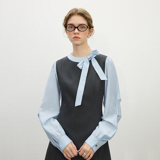 Fan silanen coréen faux robe d'épissage en deux pièces pour femmes 2025 vêtements de printemps nouvelles jupe de style académie Qianjin 1291 Blue Gray M