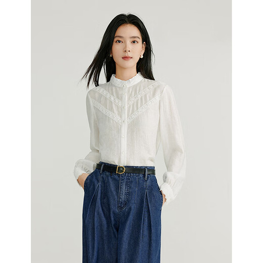 Inman French lace lyocell shirt 2025 spring women's new long-sleeved shirt off-white S