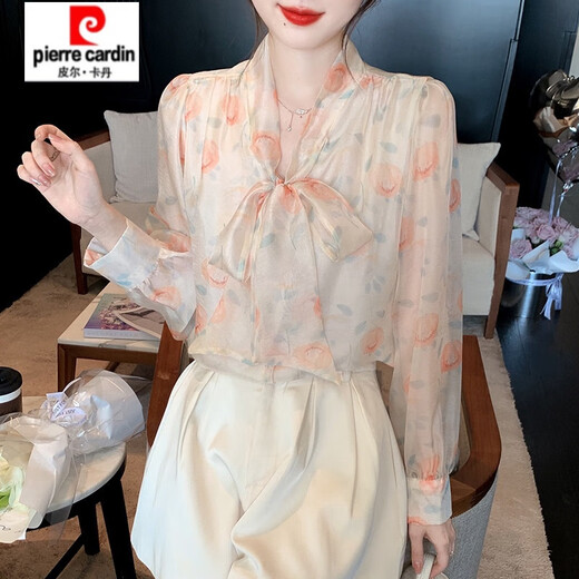 Pierre Cardin [3524 Kollektionen] Bug gespleißte langärmelige Chiffonhemd für Frauen Frühling 2025 Spring neues Hemd, damit sie schlanker Bildfarbe aussehen lassen (100 Jin [Jin gleich 0,5 kg])