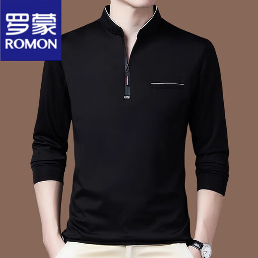 罗蒙（ROMON）纯棉长袖t恤男春秋季新款休闲简约卫衣纯色立领宽松打底衫上衣男 6625黑色 M 16590-120斤