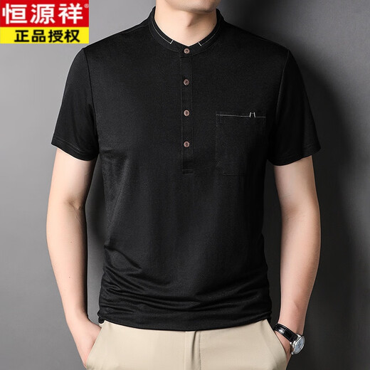 恒源祥夏季冰丝立领短袖t恤男带扣有口袋上衣中年爸爸装仿亚麻半袖男装 绿色-6231 XL 175
