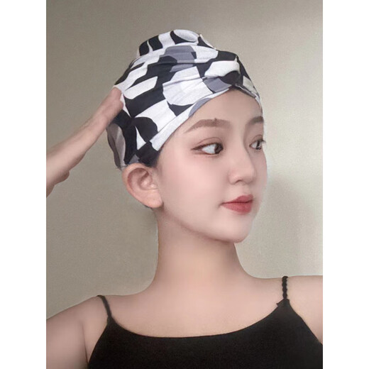 Zailu swimming cap for women with long hair, special for not tying the head, cute Japanese face-showing small enlarged head circumference, black trendy fabric, enlarged black hat + earplugs and nose clip set