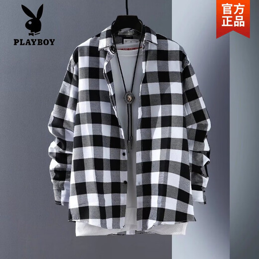 Playboy (Playboy) Schwarz-Weiß-Plaid-Shirt Männer koreanischer Stil Trend Frühling und Herbsthemd Lose Trendy Brand Casual Longleved Top Jacket Männer Sommer 6908 Red High Quality XL