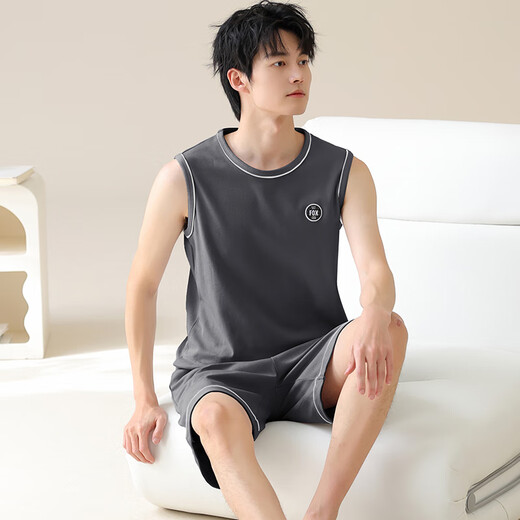 睡衣男夏季纯棉无袖背心夏天青少年大码男士薄款休闲家居服套装 YDY13657 L 码（推荐100-120斤）