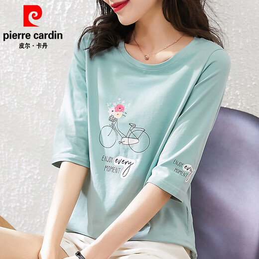 皮尔卡丹（pierre cardin）纯·棉中袖t恤女士宽松短袖半袖春秋装2025新款七分袖夏季上衣 W6172冰蓝+1XS328白色 M