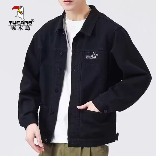 Woodpecker Jacket Men's Spring and Autumn 2025 New Shirt Lapel Autumn Men's Work Jacket Early Autumn Gown Top [Updated Version] K12806 Black M [Suggested 90-120Jin [Jin equals 0.5 kg]]