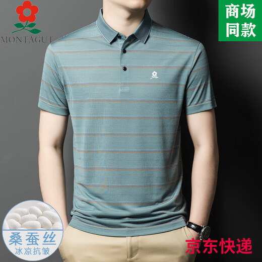 Mengtejiao men's striped short-sleeved T-shirt mulberry silk summer middle-aged business casual lapel polo shirt A829-blue M 165 suitable for 100-115Jin [Jin equals 0.5 kg]