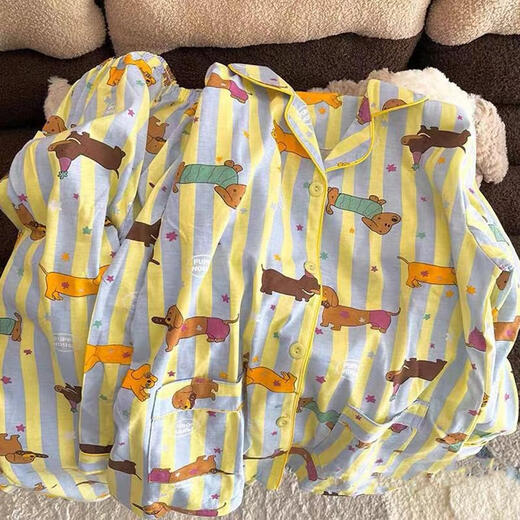 Wanmanduo Internet Promi Cartoon Dachshund Hund Pyjamas für Frauen im Frühling und Herbst langärmelte 2025 neue süße und niedliche Streifen-Strickjacke Hauskleidung 9274# Doppelte lang gestreifte Kaninchen M 75-100jin [Jin gleich 0,5 kg]