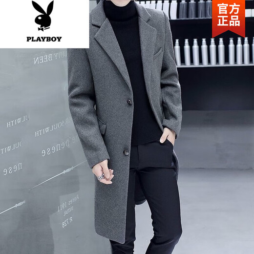 Playboy (PLAYBOY) windbreaker men's autumn and winter new Korean style trendy woolen windbreaker men's mid-length cotton thickened woolen jacket men 617 black L 110-120Jin Jin equals 0.5 kg